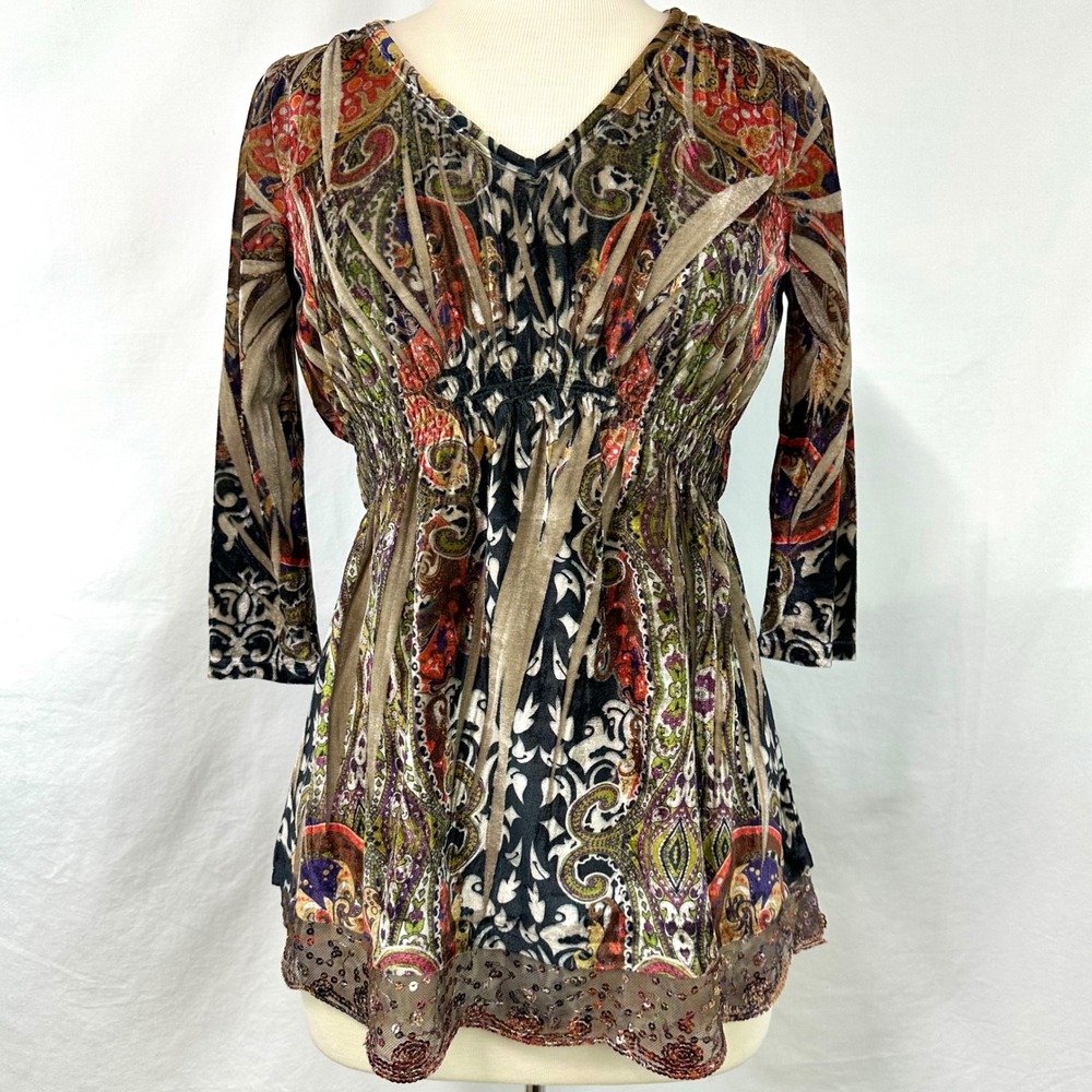 ENERGE WORLD WEAR Velvet Paisley V Neck Babydoll Top 2000s‎ Y2K Women's Petite S